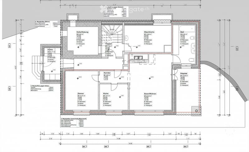 Floor plan of a house showing multiple rooms including entrance, kitchen, living/dining area, bedroom, bathroom, hallway, and utility areas.