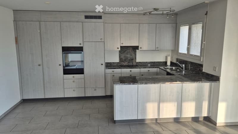 Modern kitchen with light grey cabinets, granite countertop, stainless steel sink, and built-in oven.