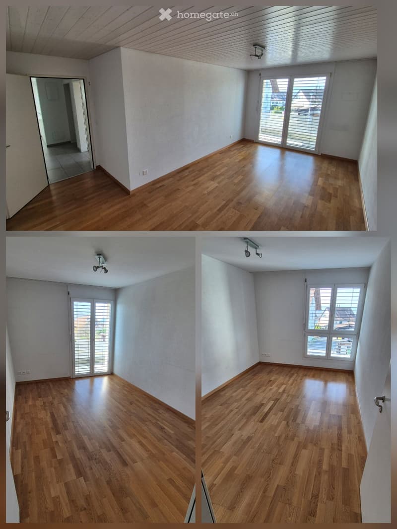 Three empty rooms with wooden flooring, white walls, and large windows with blinds. No furniture or equipment present.