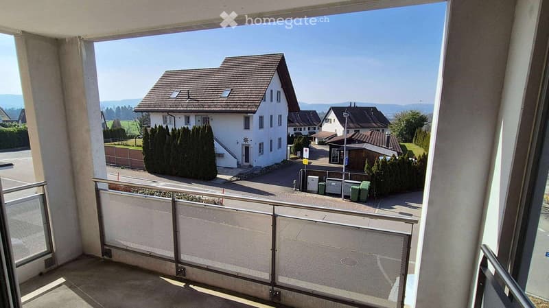 Balcony overlooking a residential area with houses, trees, and a clear sky.