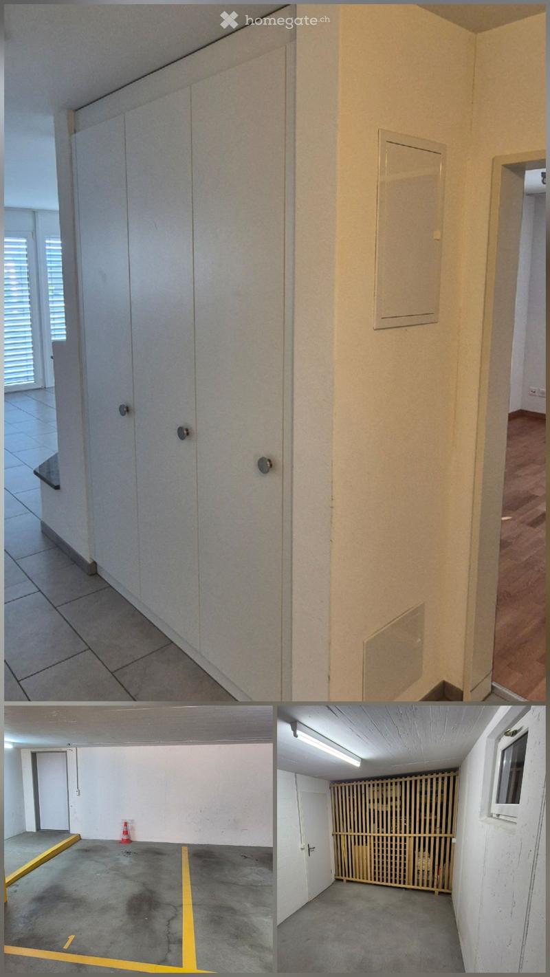 Four images showing various empty rooms and spaces: a hallway with tiled floors and white walls, a small room with wooden flooring, a concrete garage space with yellow markings, and a small enclosed area with a metal gate.