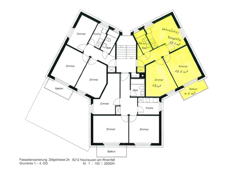 Floor plan of a multi-room apartment with labeled rooms including bedrooms, bathrooms, kitchen, living/dining area, and balconies.