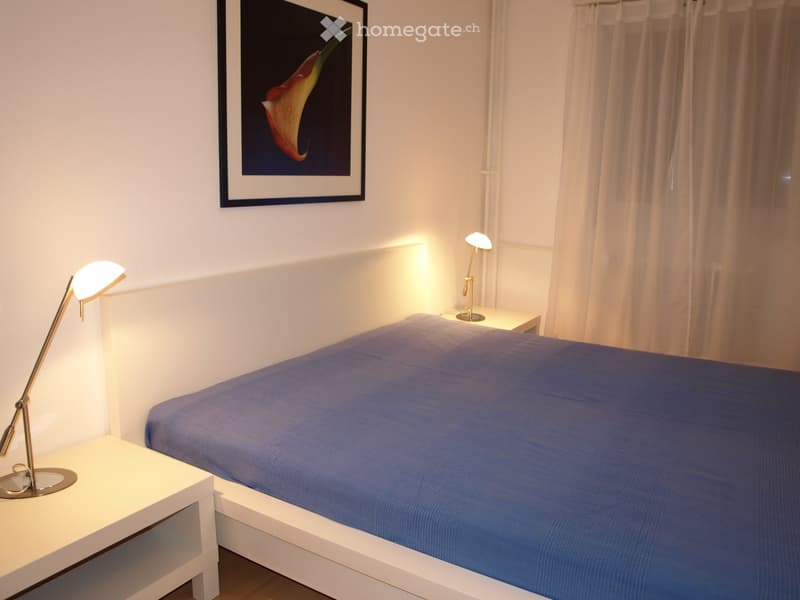 Modern bedroom with a single bed, blue bedding, two nightstands with table lamps, and a framed picture on the wall.
