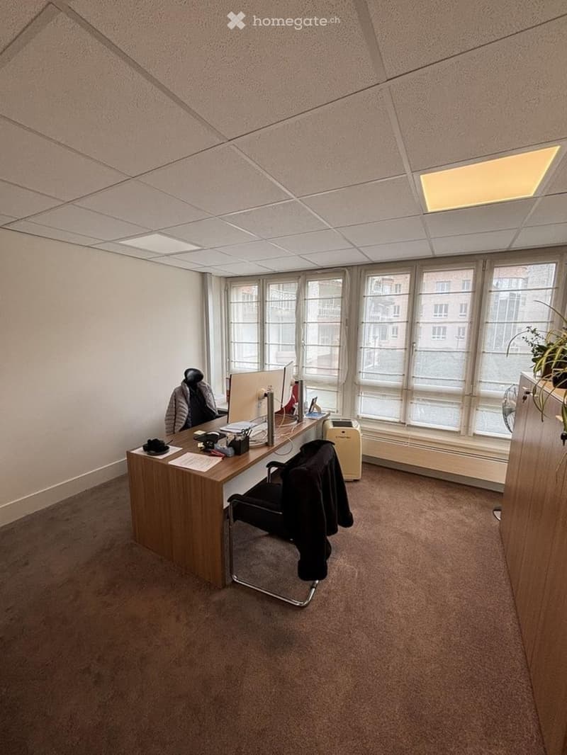 Office space with a wooden desk, black office chair, computer monitor, printer, fan, and a small plant on a cabinet. Large windows provide natural light.