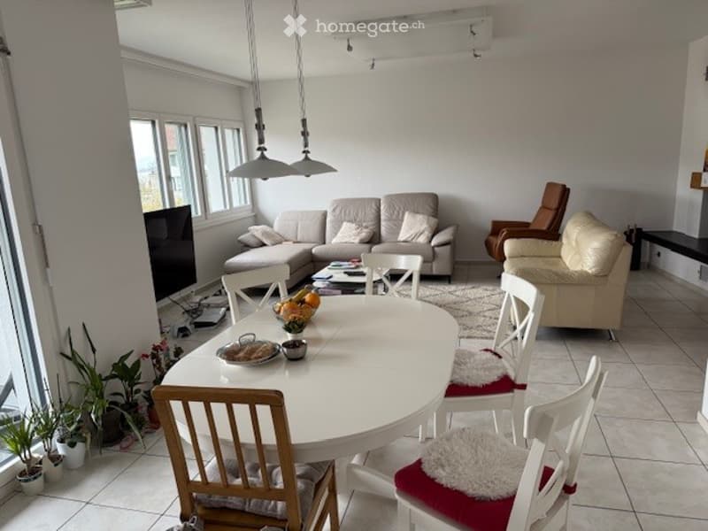 Bright living room with white walls, large windows, a grey sectional sofa, a white dining table with chairs, a cream armchair, and potted plants. The room features a modern aesthetic with a mix of contemporary and classic furniture.