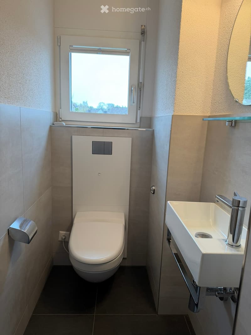 Modern bathroom with a toilet, sink, and mirror. Features a window with a view, sleek fixtures, and a contemporary design.