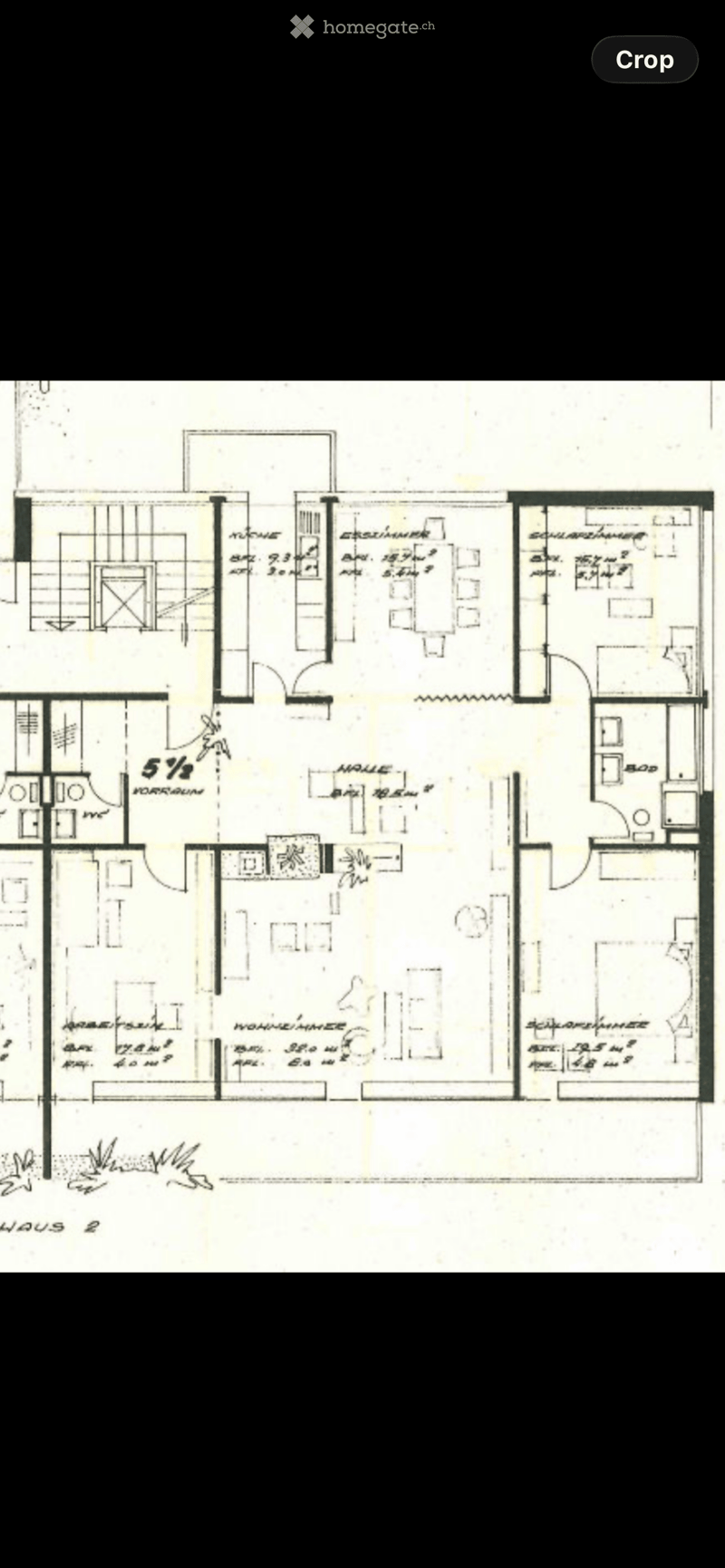 Floor plan of a house with multiple rooms including a kitchen, living room, bedrooms, and bathrooms. Dimensions and room labels are indicated.