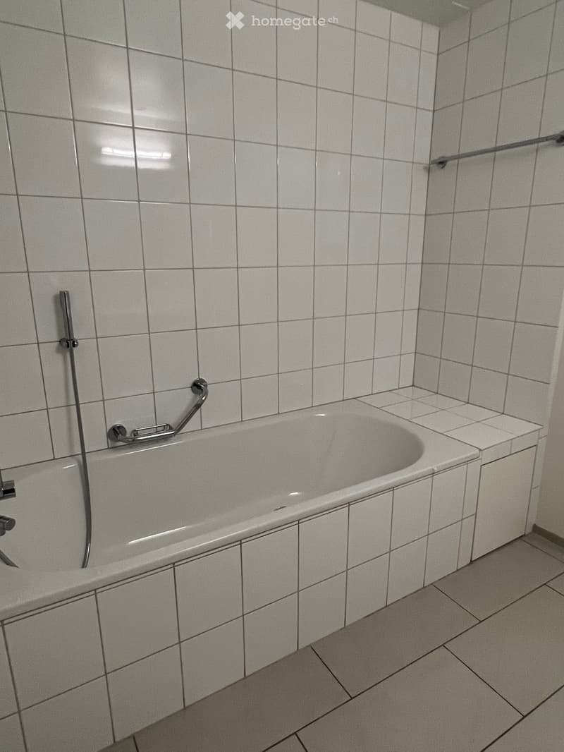 Bathtub with handrails, tiled walls and floor, modern design.