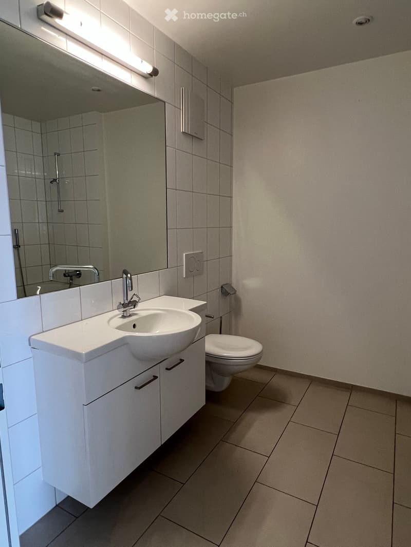 Modern bathroom with white tiles, a sink with a modern faucet, a toilet, and a large mirror above the sink.
