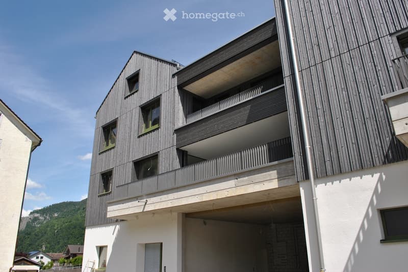 Modern multi-story building with wooden facade, balconies, and large windows, set against a scenic mountain backdrop.