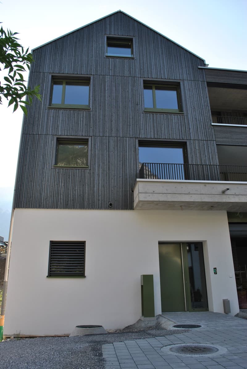 Modern two-story house with a combination of dark wooden siding and white plaster walls, featuring large windows and a balcony on the upper level.