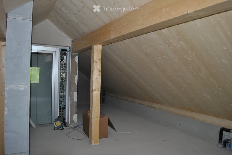 Empty attic space with exposed wooden beams and slanted wooden walls, featuring a concrete pillar, electrical panel, and a small wooden cabinet.