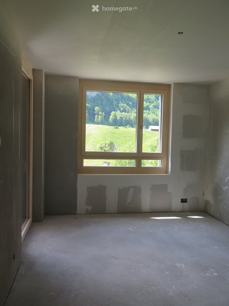 Empty room with bare walls and concrete floor, large window with scenic view, unfinished walls with patches.