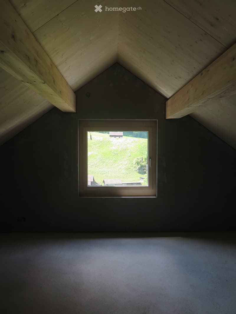 Empty attic space with wooden slanted ceilings, dark walls, and a single window showing a view of a green field and distant houses.