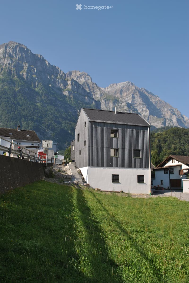 Modern two-story house with grey siding and dark roof, situated in a grassy area with mountain backdrop.