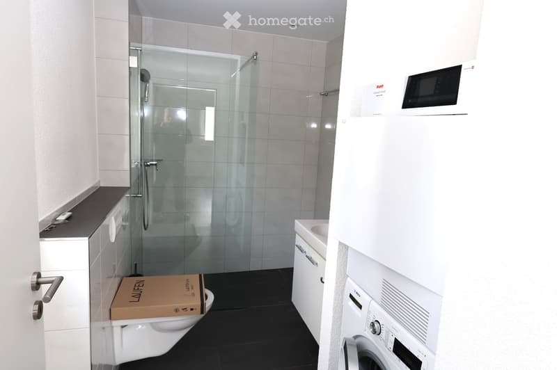 glass shower enclosure, white tiles, sink, washing machine, toilet