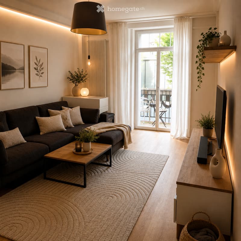 Modern living room with a dark brown sectional sofa, wooden coffee table, wall-mounted shelf, potted plants, and a television on a side table. The room features a large sliding glass door leading to a balcony.