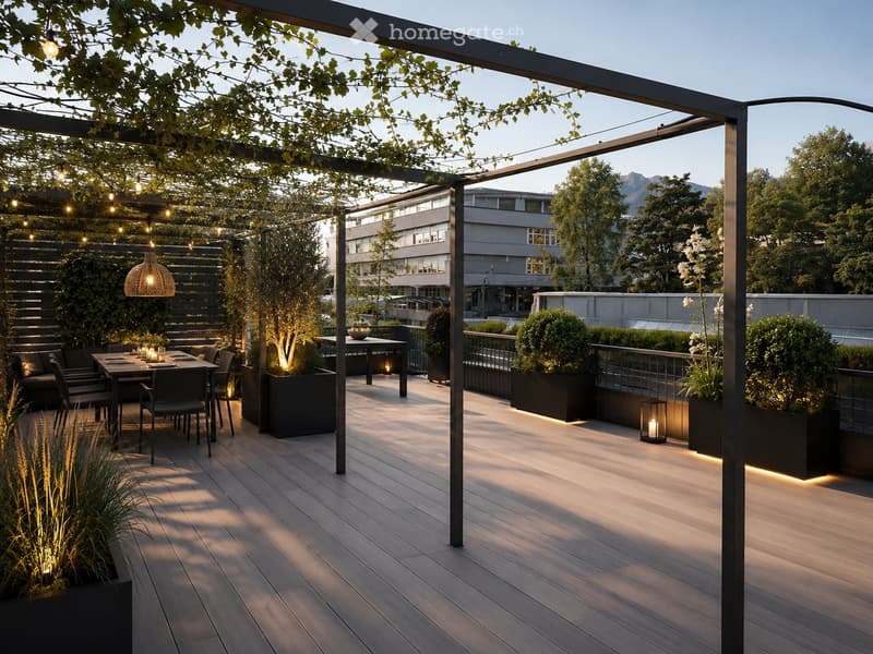 A modern outdoor patio with wooden decking, a dining table with chairs, ambient lighting, potted plants, and a view of a cityscape and mountains.