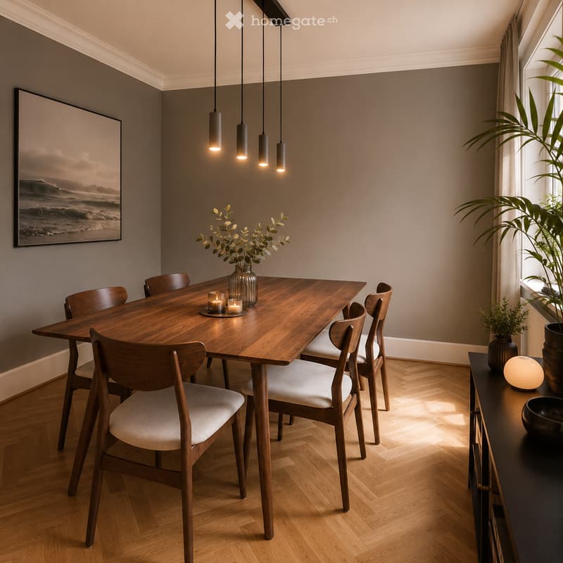 Modern dining room with a wooden dining table, six chairs, a vase with greenery, candles, and pendant lights.