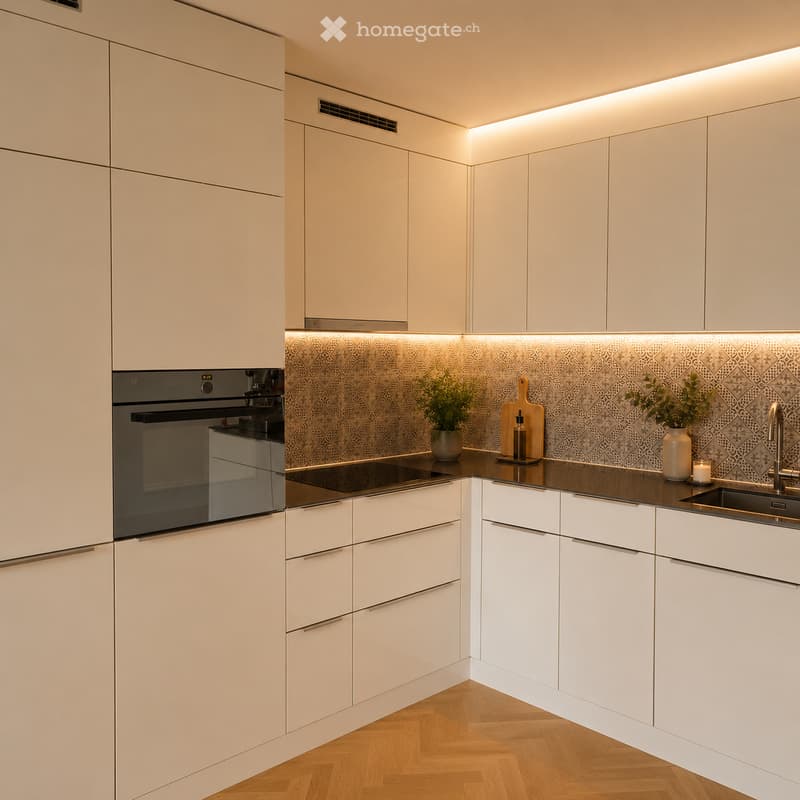 Modern kitchen with white cabinets, dark countertops, built-in oven, sink, and decorative items including a potted plant and a candle.
