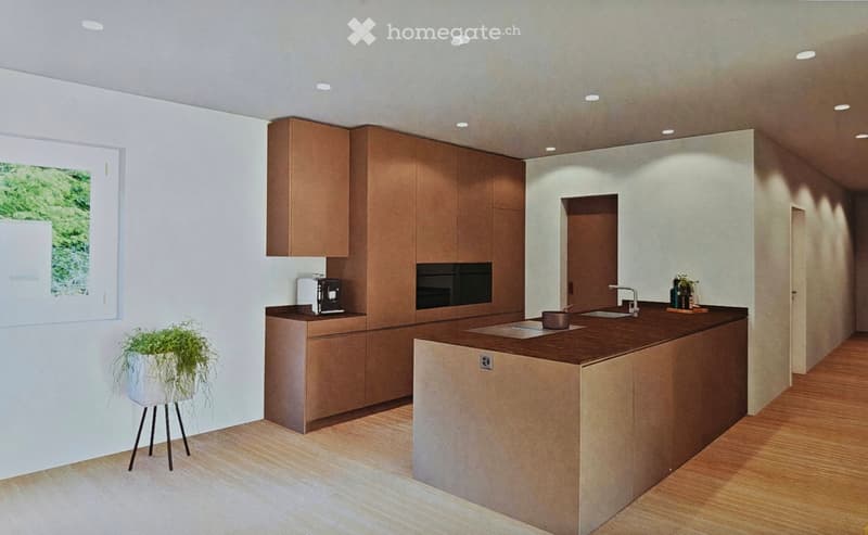 modern kitchen with island, wooden flooring, white walls, dark wood cabinets, kitchen sink, stove and oven, coffee machine
