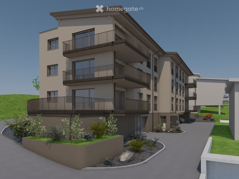 Apartement building with 3 floors, balconies on every floor, parking area
