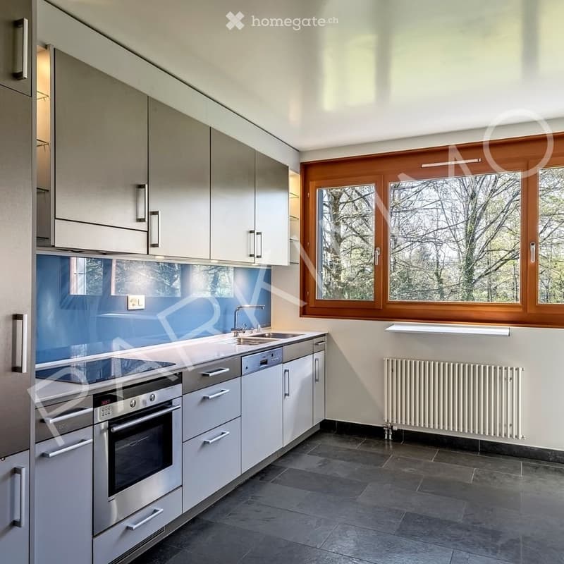 Modern kitchen with white cabinets, stainless steel appliances, a blue backsplash, and large windows overlooking a tree-lined area.