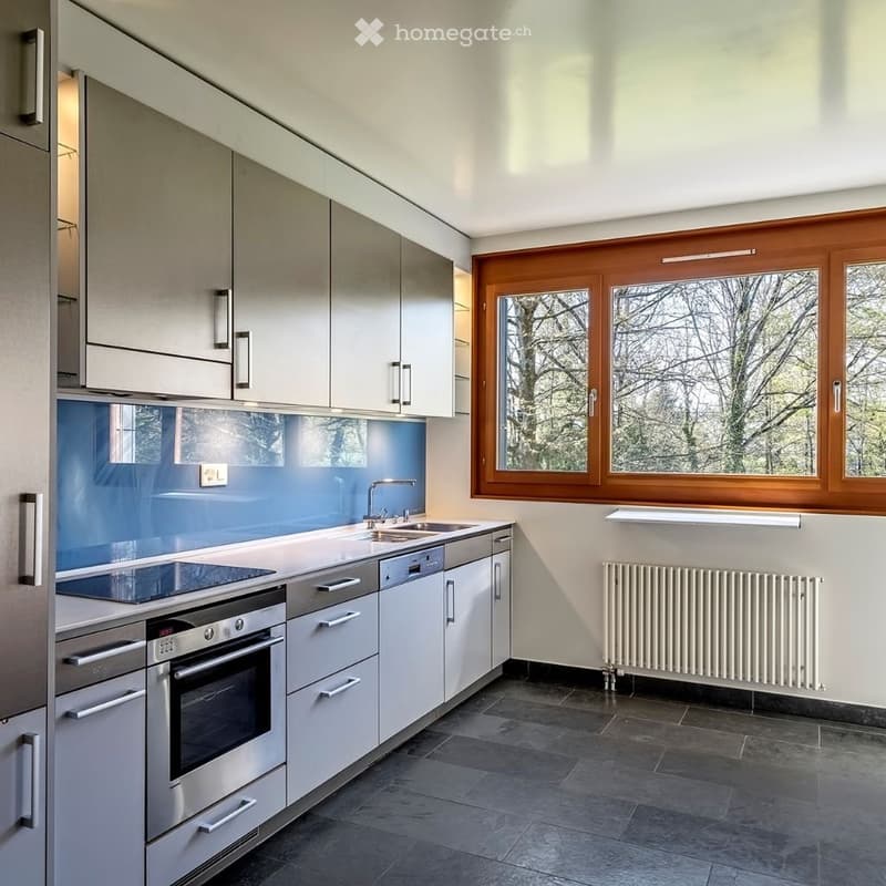 Modern kitchen with white cabinets, stainless steel appliances, and a blue backsplash. Features an oven, sink, and radiator.