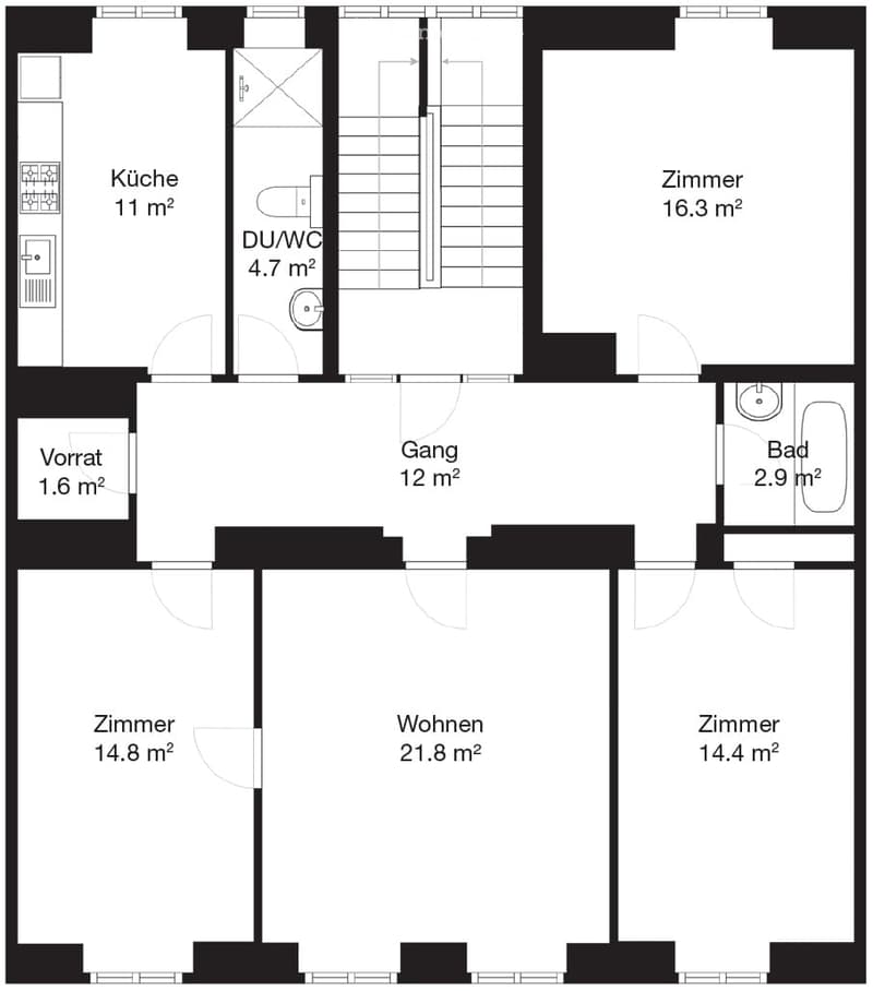 Floor plan of a 4-room apartment with kitchen, living room, 3 bedrooms, bathroom, and hallway.