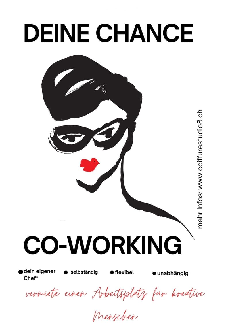 Promotional graphic for a co-working space featuring a stylized silhouette of a person with glasses and a heart-shaped mouth, with text highlighting independence and flexibility.