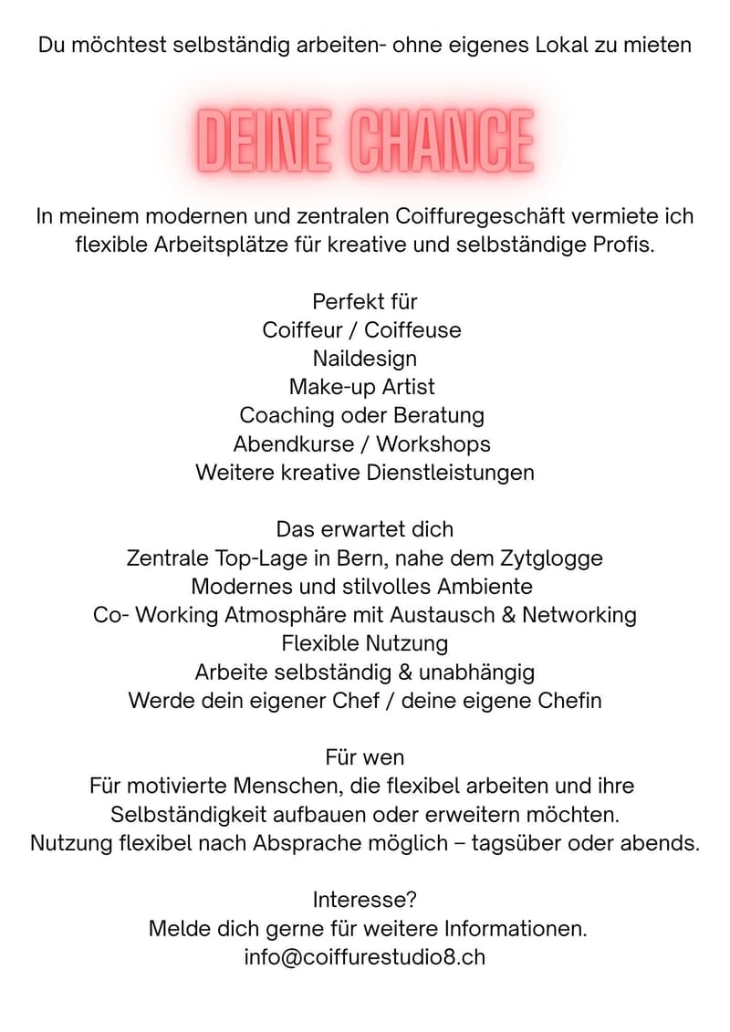 Text-based advertisement for a modern co-working space in a central location in Bern, offering flexible workspaces for independent professionals such as hairdressers, nail designers, makeup artists, coaches, and workshop facilitators.