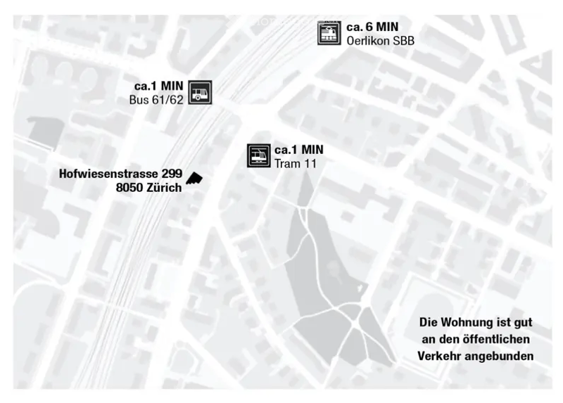 Map showing the location of Hofwiesenstrasse 299, 8050 Zurich, with nearby public transport options including Bus 61/62, Tram 11, and Oerlikon SBB.
