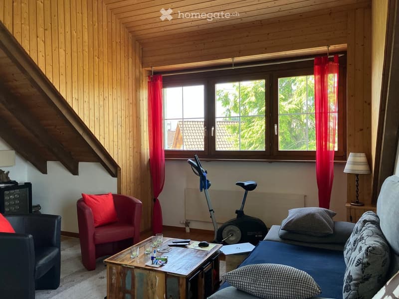 Cozy living room with wooden walls, large window with red curtains, sofa, armchair, coffee table, exercise bike, and a lamp.