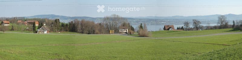 Open green field with scattered houses and a distant lake and mountains in the background.