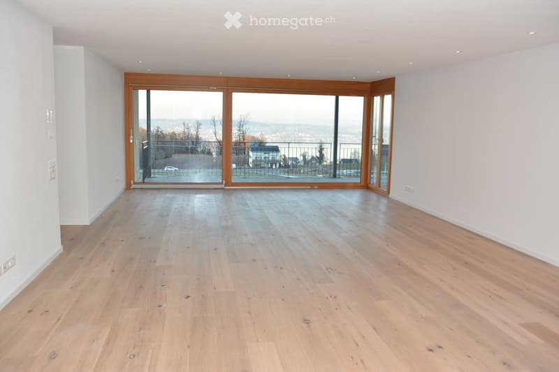 Empty room with light wooden flooring and large sliding glass doors leading to a balcony with a scenic view.
