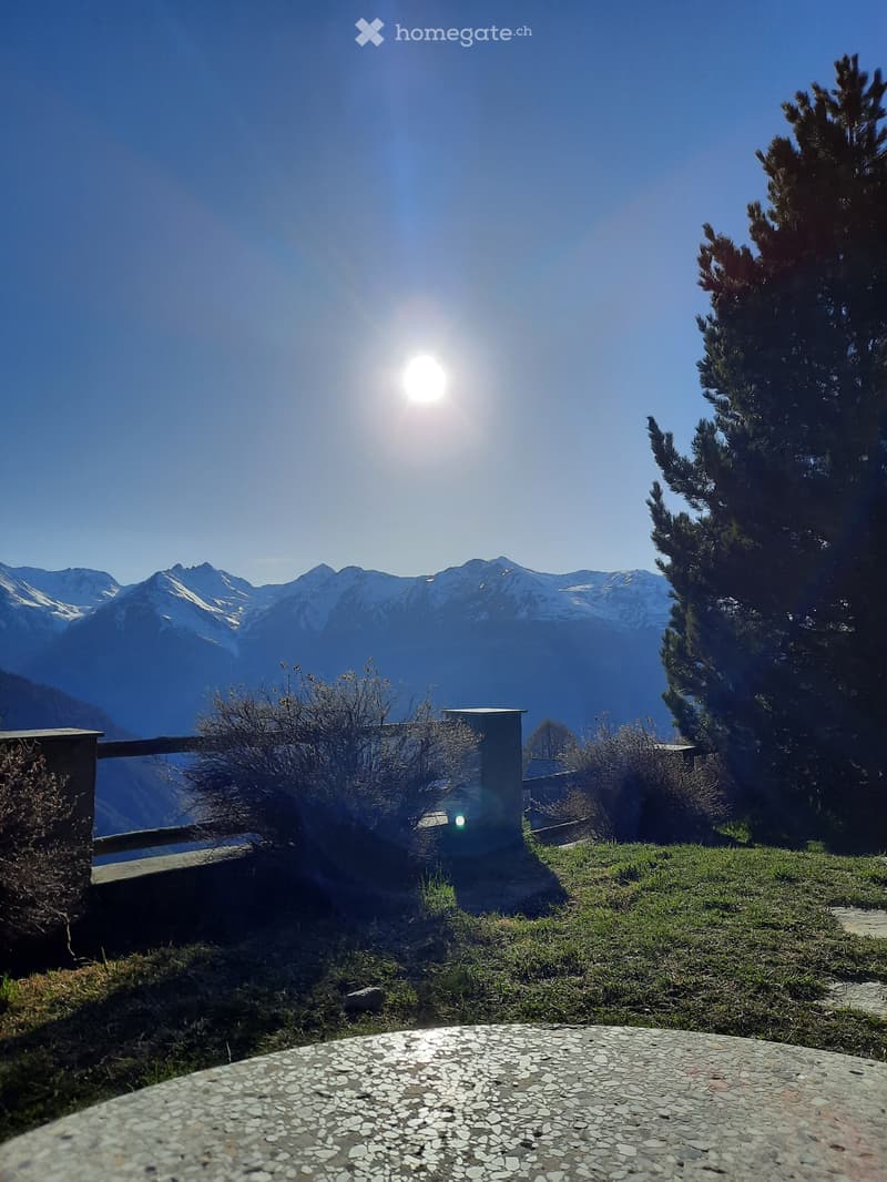 A scenic outdoor view with a stone patio, wooden railing, and distant snow-capped mountains under a clear blue sky.