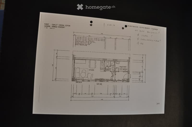 Floor plan of a studio apartment with labeled dimensions, including a studio area, bathroom/WC, and washing area.