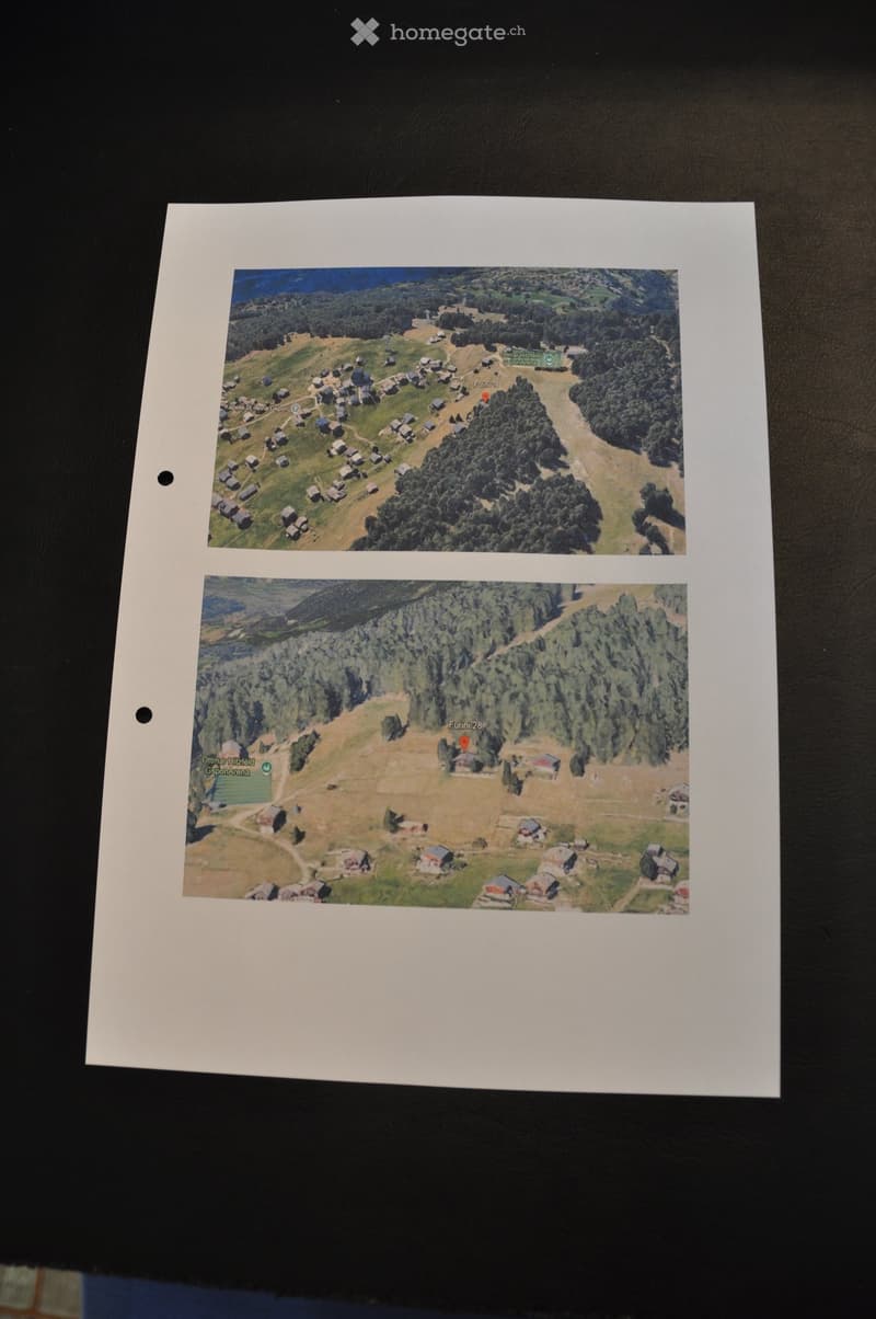 Aerial view of a rural area with scattered houses, trees, and open fields. Two maps are shown, one labeled "Punié28" and the other labeled "Futié28i28".