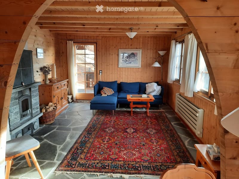 Cozy living room with wooden walls and ceiling, stone floor, fireplace, blue sectional sofa, coffee table, and a colorful rug.