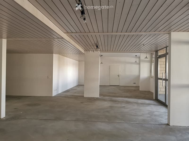 Empty room with white walls, concrete floor, and exposed wooden ceiling with track lighting. Features a white door and a glass-paneled entrance.