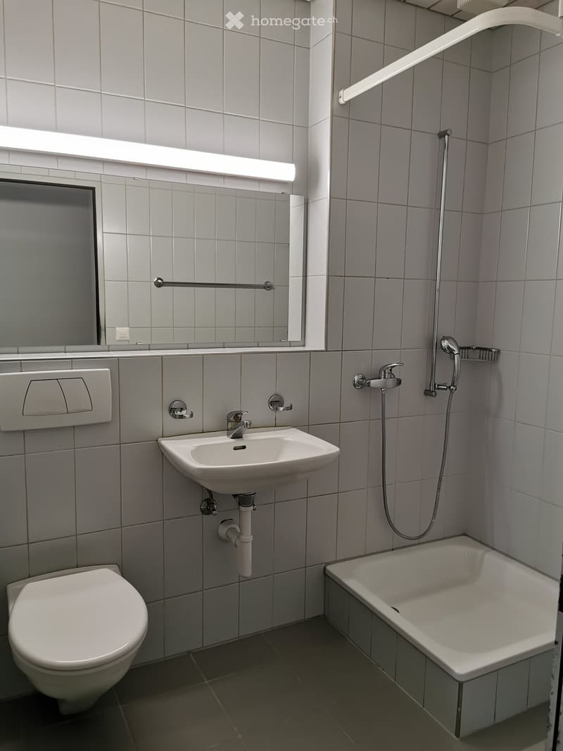 Modern bathroom with white tiles, a toilet, a sink, a bathtub, a mirror, and a handrail for accessibility.
