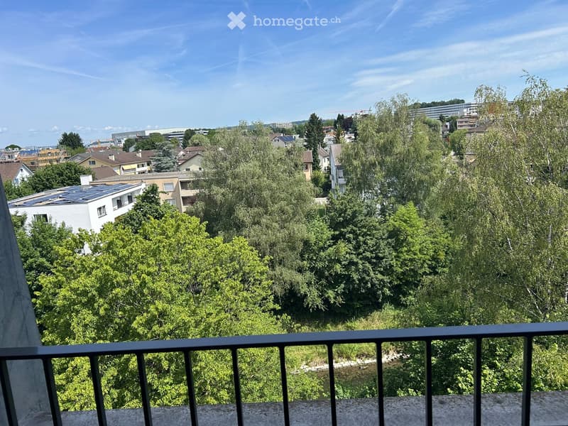 View from a balcony showing a lush green landscape with trees and a variety of buildings in the distance under a clear blue sky.