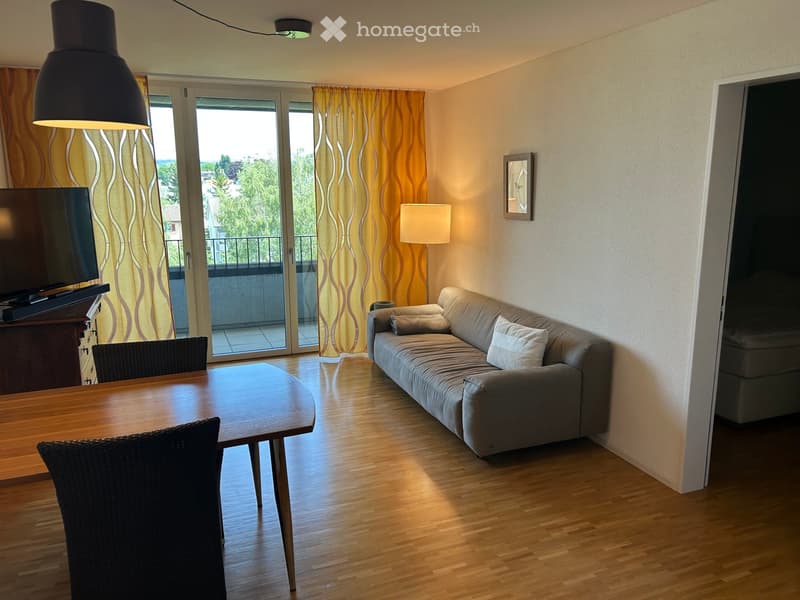 Modern living room with a grey sofa, wooden dining table, chairs, television, and large windows leading to a balcony.