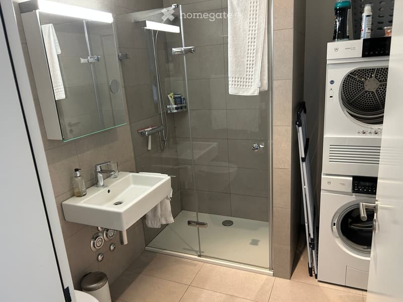 Modern bathroom with a glass-enclosed shower, a white sink with a chrome faucet, a mirror with built-in lighting, and a stacked washer/dryer unit.