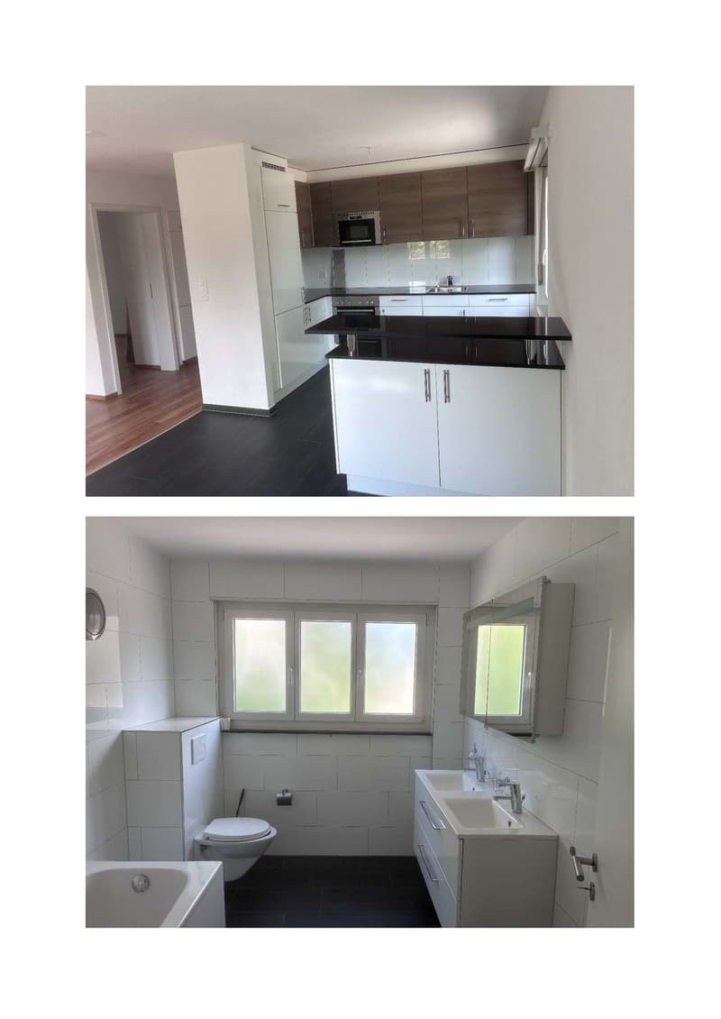 Modern kitchen and bathroom with white cabinets, black countertops, and sleek fixtures.