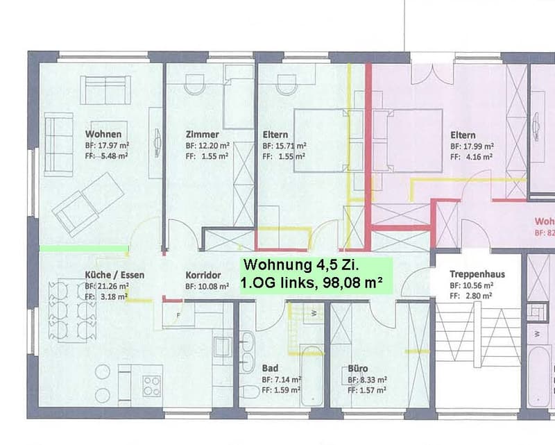 Floor plan of a 4.5-room apartment on the first floor, including living room, kitchen, bedroom, parents' room, bathroom, and office.