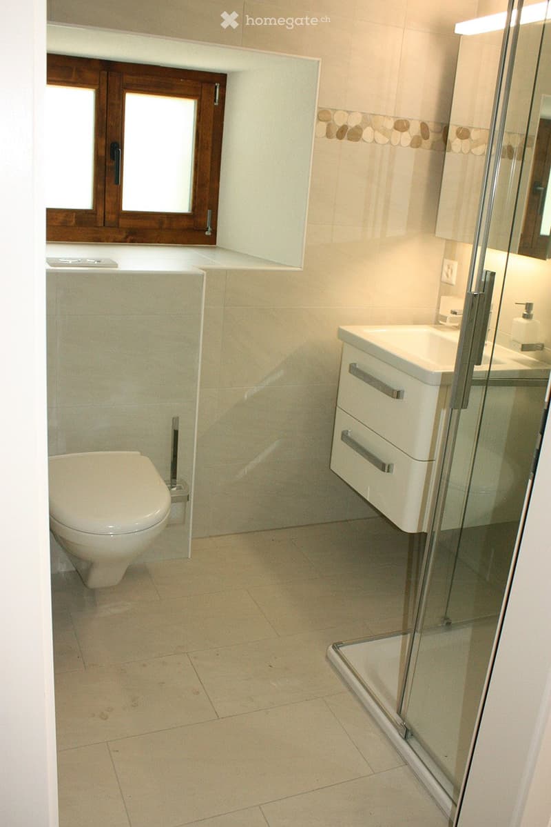Modern bathroom with white tiles, a toilet, a sink with a cabinet, a mirror, and a glass shower enclosure.