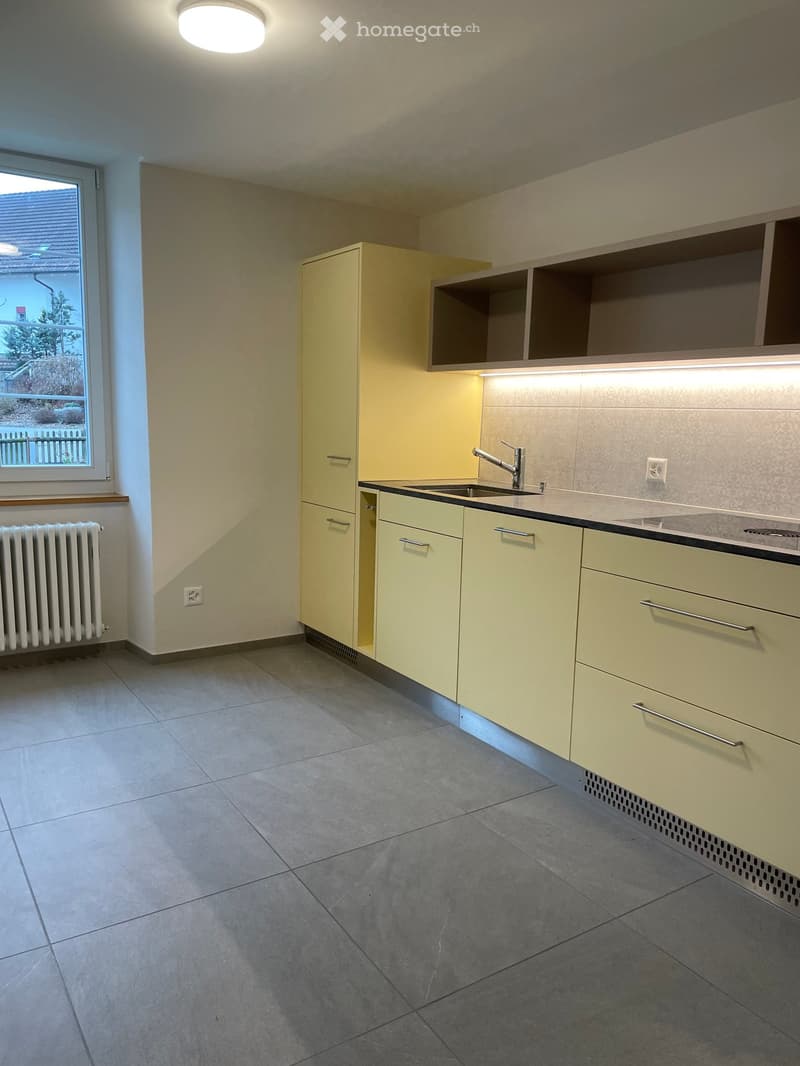 Modern kitchen with light yellow cabinets, a sink, and a radiator under the window.