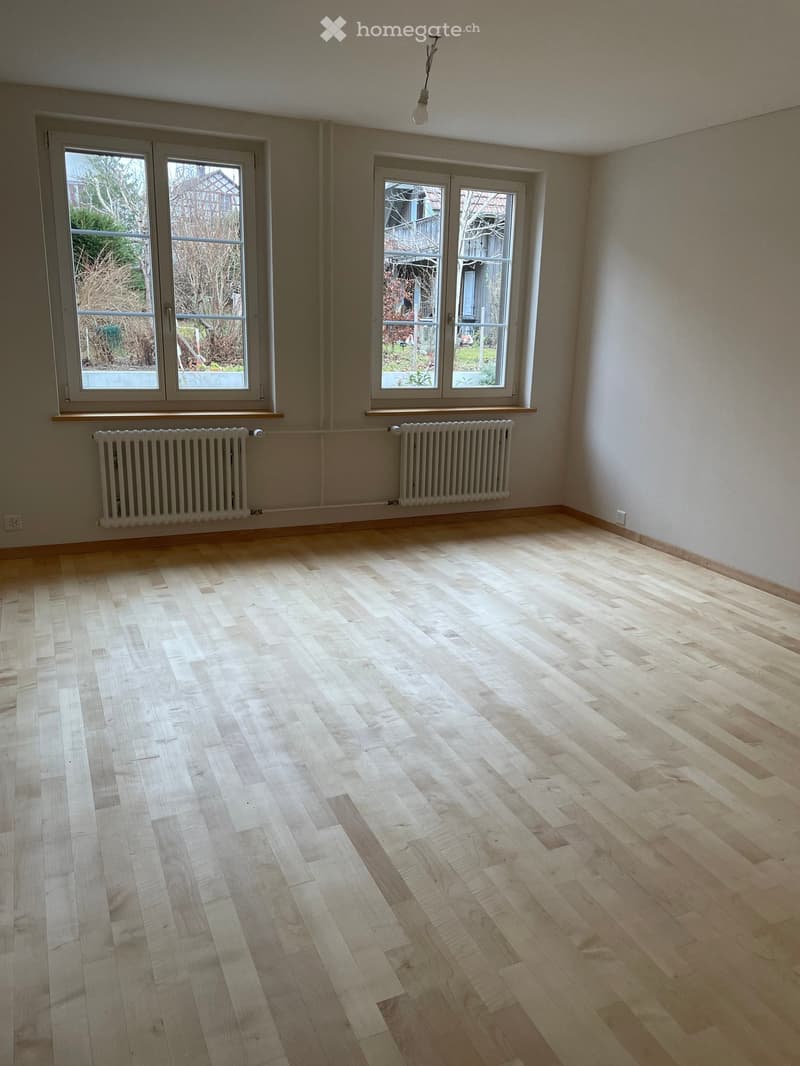 Empty room with light wooden flooring, white walls, and two windows with radiators below them.