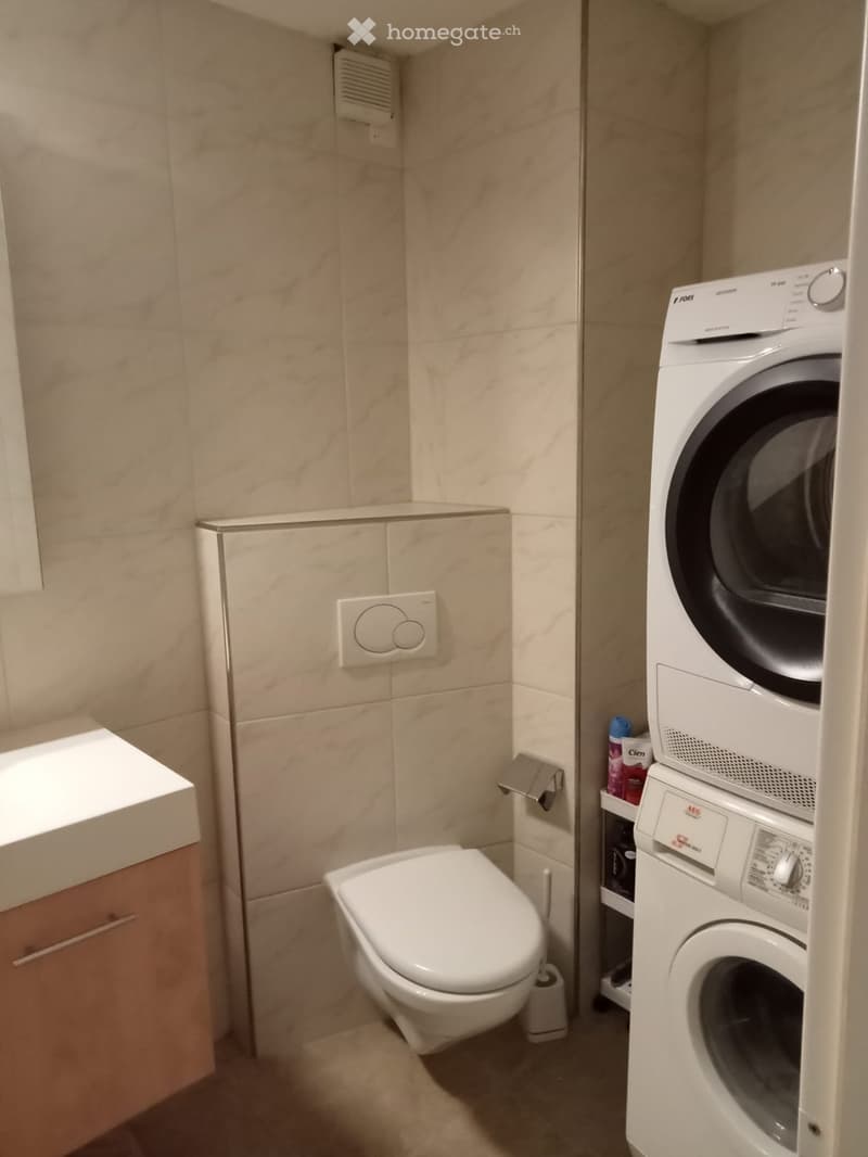 Modern bathroom with a toilet, sink, washing machine, and washing dryer. Light-colored tiles and a small shelf with cleaning supplies.